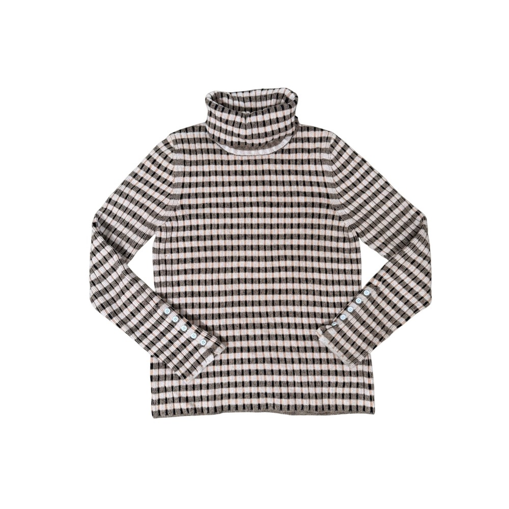 Maeve Anthropologie Plaid Turtleneck Ribbed Sweater Button Cuff Tan Brown XL
